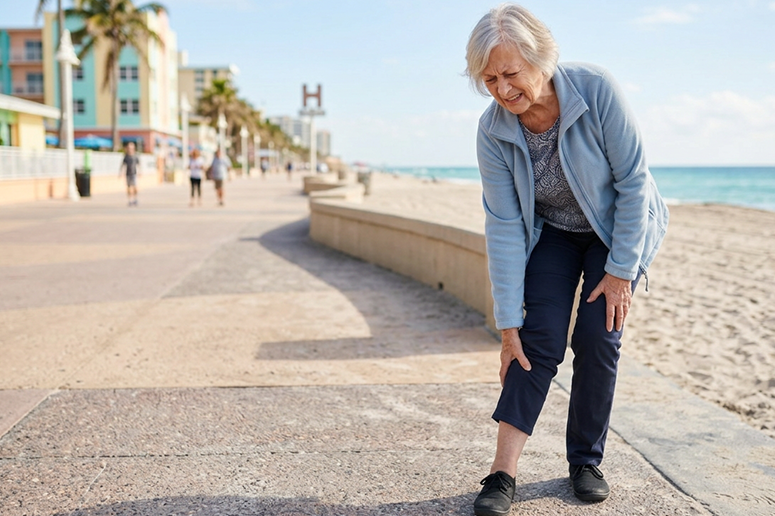 older woman with leg cramp walking along beach