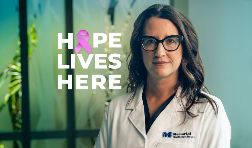Breast Cancer Awareness ribbon and doctors picture, take in image: Hope Lives here