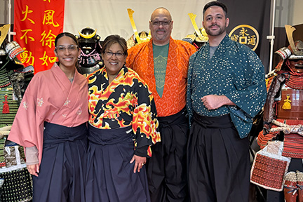 Donna and her family wearing traditional Japanese clothing during trip to Japan